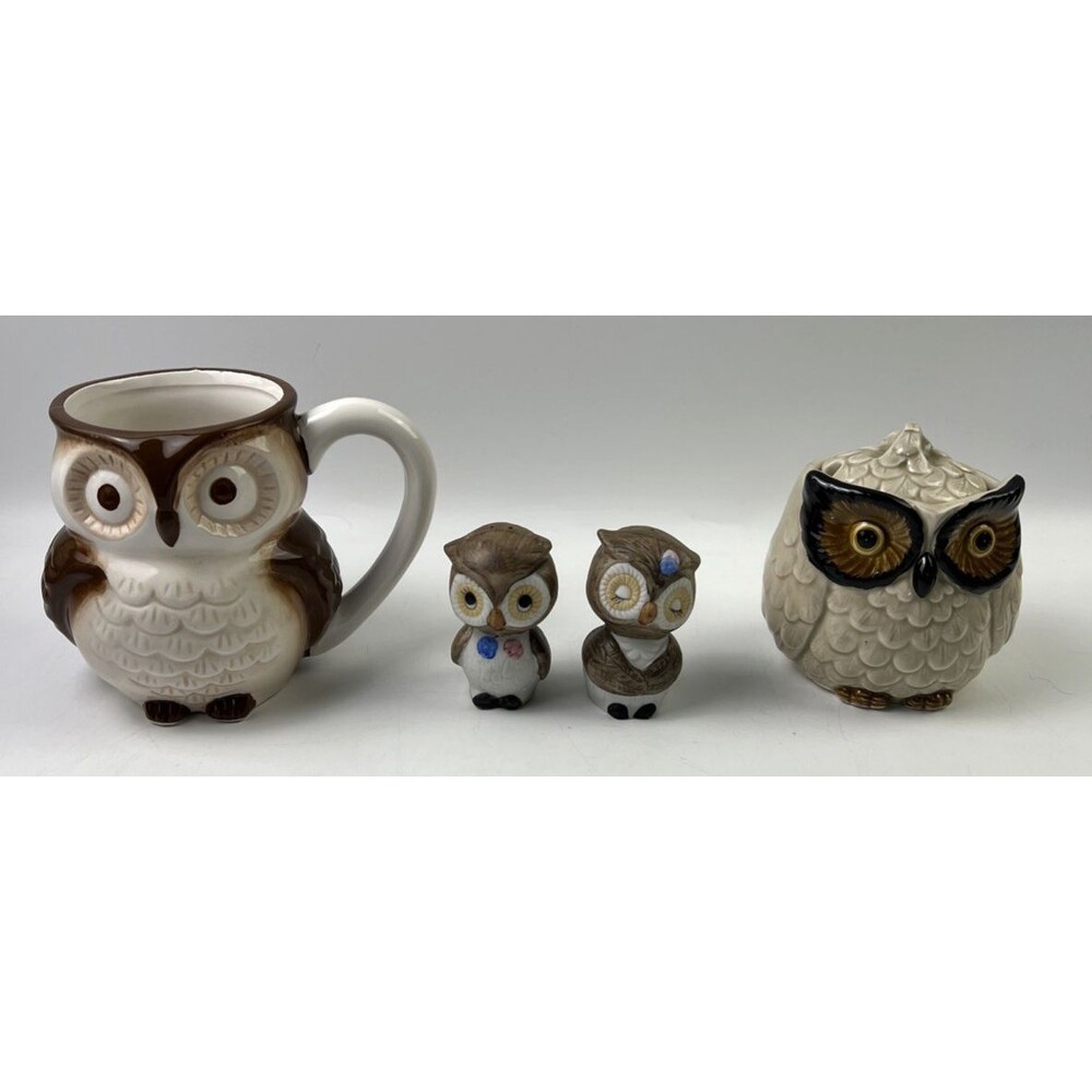 Ceramic Cup With Baby, Owl Couple Salt/Pepper Shakers With Sugar Bowl/Lid